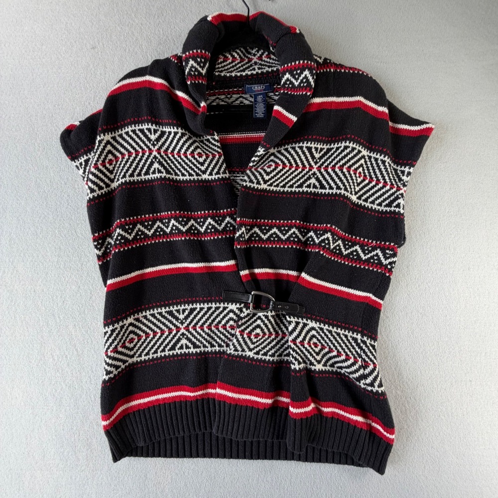 Chaps Denim Sweater Vest Womens L Black Red Fair Isle Southwestern Belted Knit
